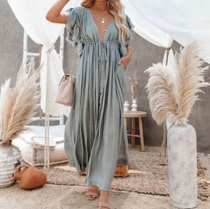 Anika Pocketed Button Down Ruffle Maxi Dress - Sage Dust